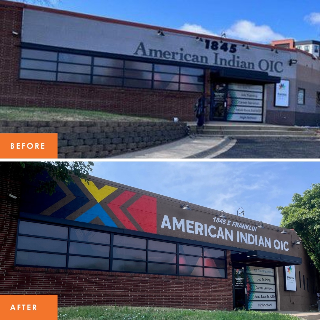 A side-by-side before-and-after of the exterior of American Indian OIC building.