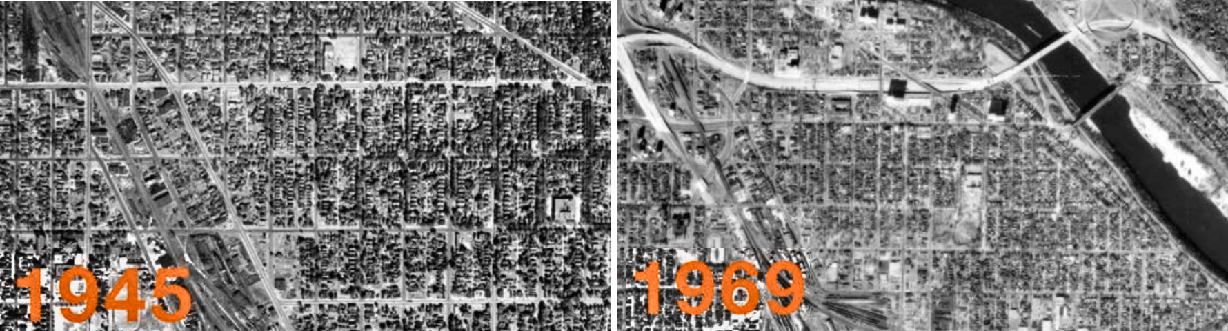 Two aerial photos of the Seward neighborhood before and after highway construction